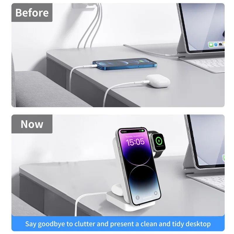 S1 3-in-1 Wireless Magnetic Charging Station Phone Watch Earphone Charging Stand - White