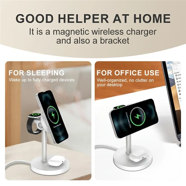 S11 3-in-1 Magnetic Wireless Charger Phone Watch Earphone Charging Stand - White