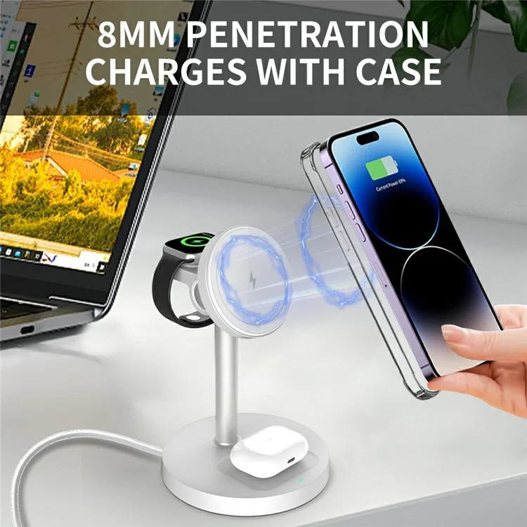 S11 3-in-1 Magnetic Wireless Charger Phone Watch Earphone Charging Stand - White