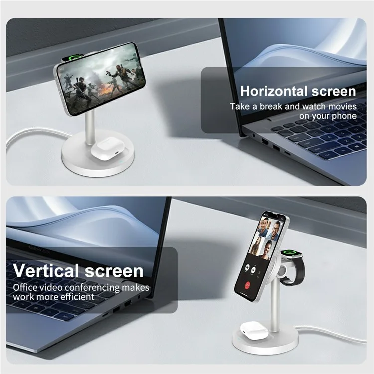 S11 3-in-1 Magnetic Wireless Charger Phone Watch Earphone Charging Stand - White
