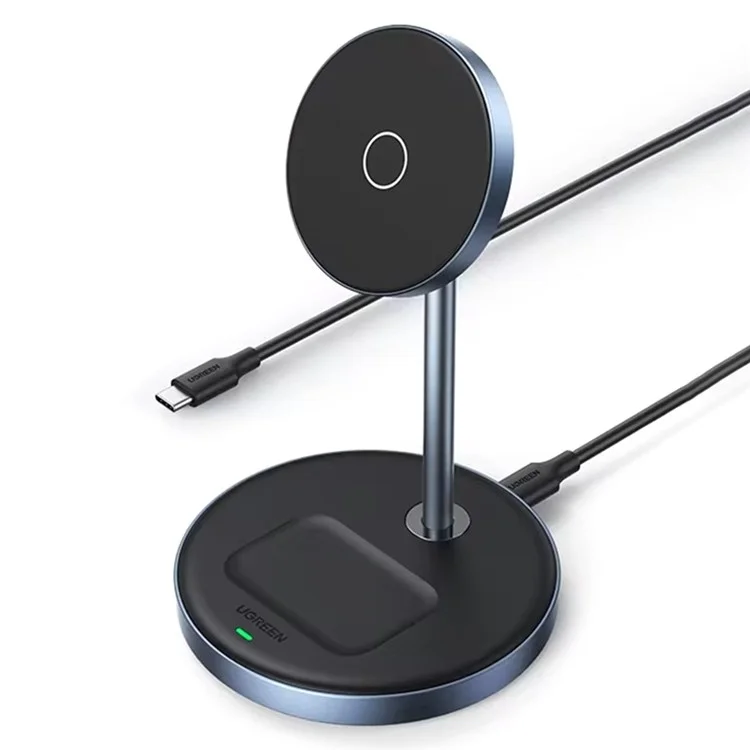 UGREEN Cargador inalámbrico magnético 2 en 1 con una fuerza magnética de 700g y un soporte de carga ajustable para iPhone 16 / 15 / 14 / 13 / 12 y AirPods