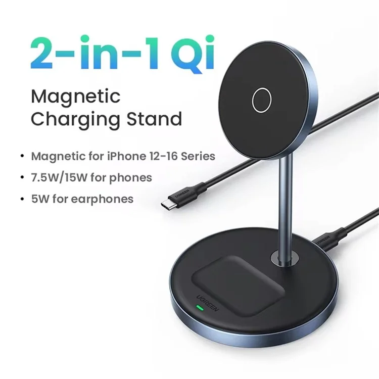 UGREEN Cargador inalámbrico magnético 2 en 1 con una fuerza magnética de 700g y un soporte de carga ajustable para iPhone 16 / 15 / 14 / 13 / 12 y AirPods