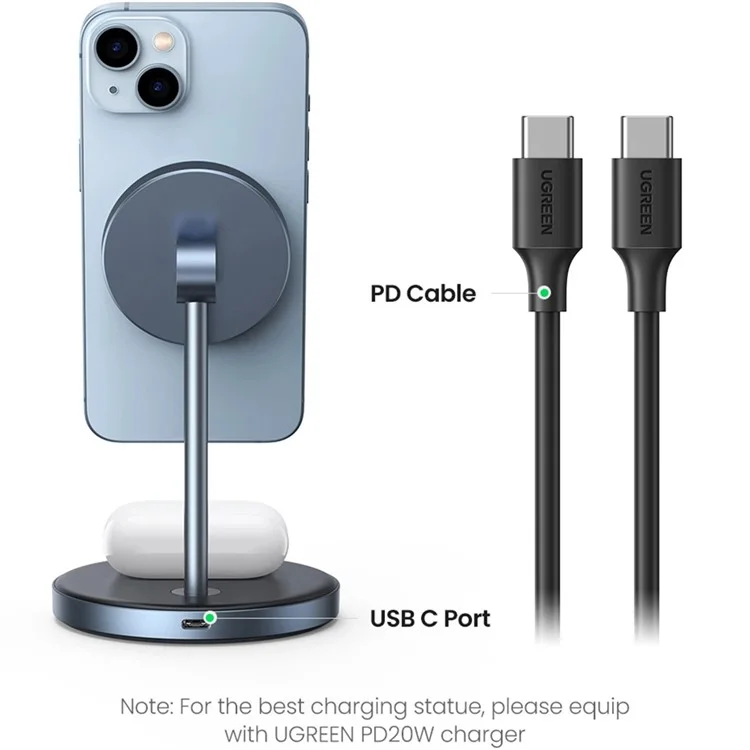 UGREEN Cargador inalámbrico magnético 2 en 1 con una fuerza magnética de 700g y un soporte de carga ajustable para iPhone 16 / 15 / 14 / 13 / 12 y AirPods