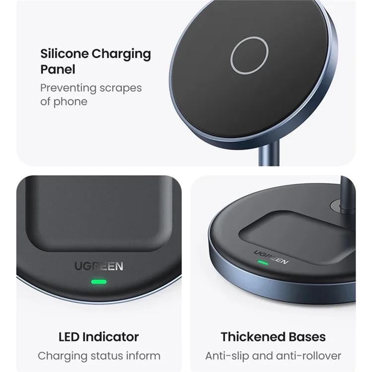 UGREEN Cargador inalámbrico magnético 2 en 1 con una fuerza magnética de 700g y un soporte de carga ajustable para iPhone 16 / 15 / 14 / 13 / 12 y AirPods