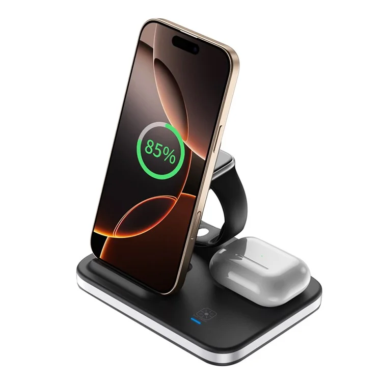 Chargeur sans fil multifonction pliable avec veilleuse pour téléphone portable / Airpods / Apple Watch - Noir