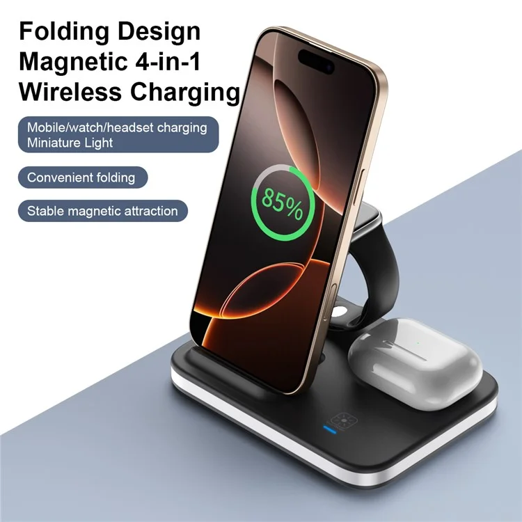 Chargeur sans fil multifonction pliable avec veilleuse pour téléphone portable / Airpods / Apple Watch - Noir