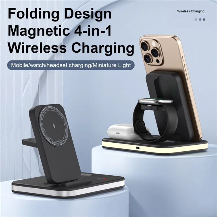 Chargeur sans fil multifonction pliable avec veilleuse pour téléphone portable / Airpods / Apple Watch - Noir
