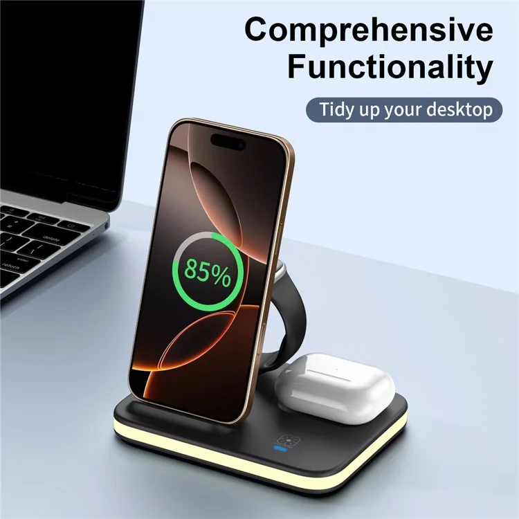 Chargeur sans fil multifonction pliable avec veilleuse pour téléphone portable / Airpods / Apple Watch - Noir