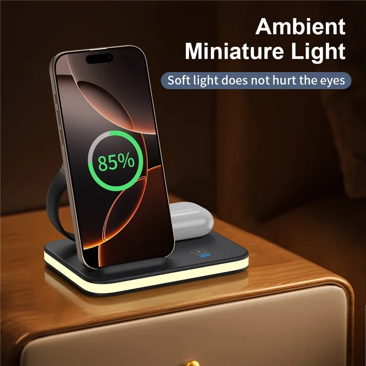 Chargeur sans fil multifonction pliable avec veilleuse pour téléphone portable / Airpods / Apple Watch - Noir