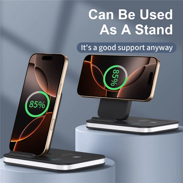 Chargeur sans fil multifonction pliable avec veilleuse pour téléphone portable / Airpods / Apple Watch - Noir