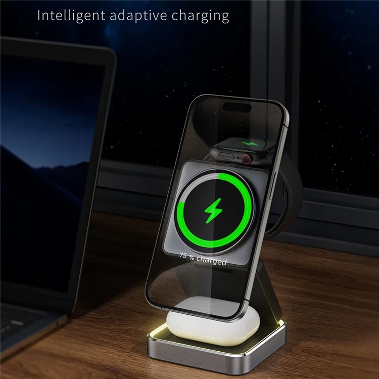 W90 3 in 1 Foldable Magnetic Wireless Charging Stand Phone Watch Earphone Charger