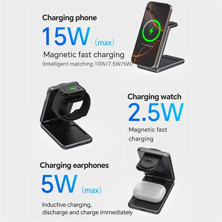 Bulk Purchasing W93 Aluminum Alloy Magnetic Wireless Charger Foldable 3 in 1 Phone Watch Earphone Charging Stand