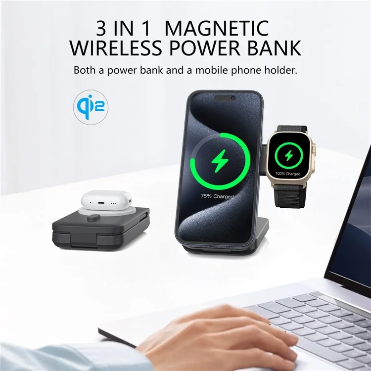 Carregador portátil de compra em volume MP05 de 10000mAh, carregador sem fio magnético Qi2 de 15W para telefone, relógio e fone de ouvido - painel branco redondo - branco