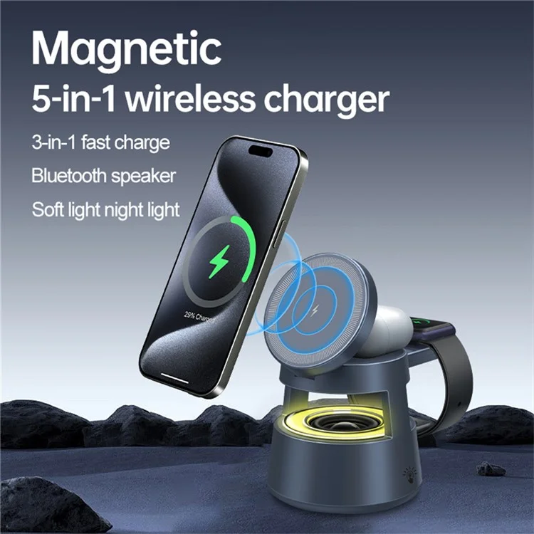 OJD-132A Chargeur sans fil magnétique 5 en 1 pour iPhone, Apple Watch, Écouteurs avec Enceinte Bluetooth et Veilleuse
