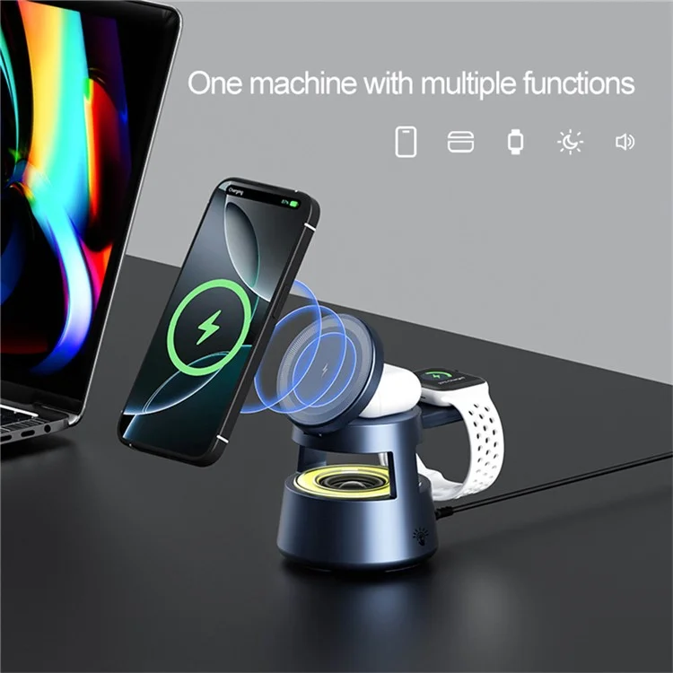 OJD-132A Chargeur sans fil magnétique 5 en 1 pour iPhone, Apple Watch, Écouteurs avec Enceinte Bluetooth et Veilleuse