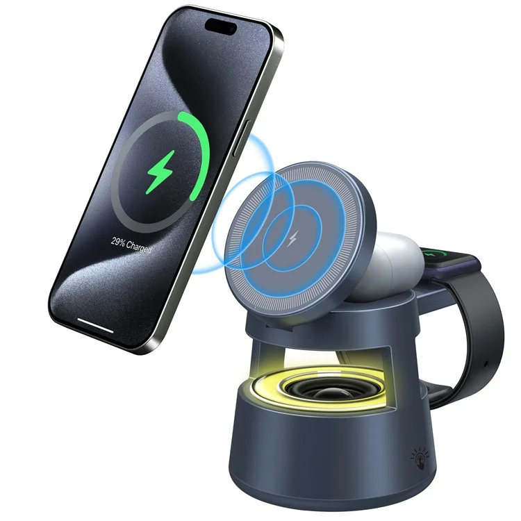 OJD-132A Chargeur sans fil magnétique 5 en 1 pour iPhone, Apple Watch, Écouteurs avec Enceinte Bluetooth et Veilleuse