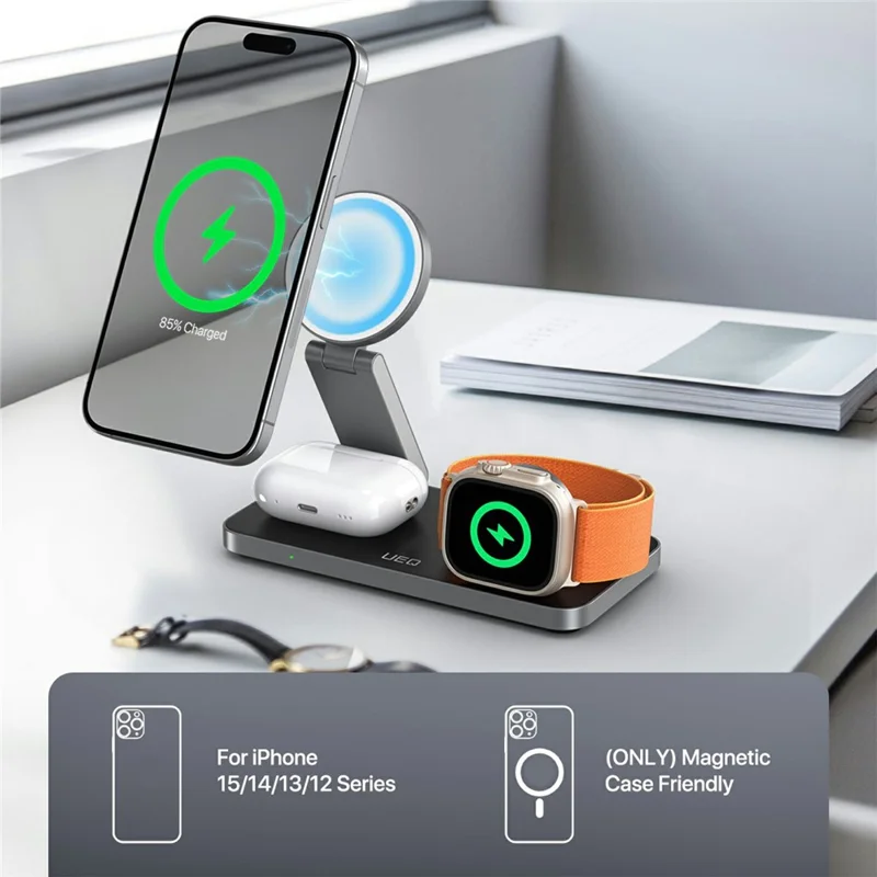 Stazione di ricarica wireless 3 in 1 compatibile con MagSafe, supporto pieghevole per caricabatterie per iPhone 15-12 / Apple Watch / AirPods - Nero / Bianco