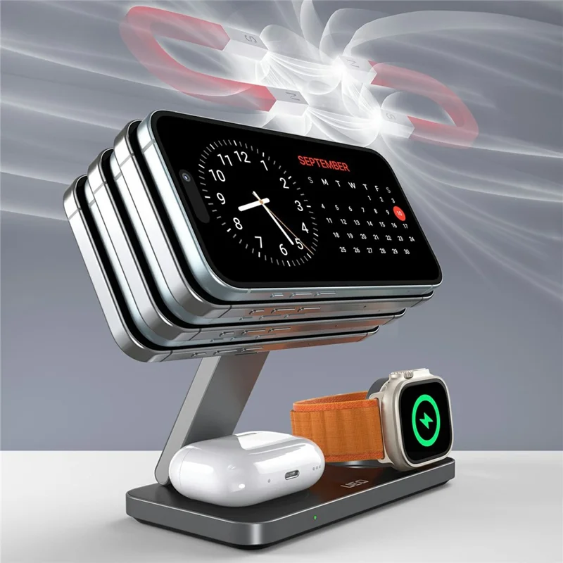 Stazione di ricarica wireless 3 in 1 compatibile con MagSafe, supporto pieghevole per caricabatterie per iPhone 15-12 / Apple Watch / AirPods - Nero / Bianco