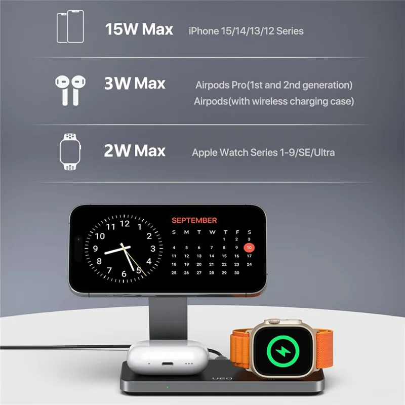 Stazione di ricarica wireless 3 in 1 compatibile con MagSafe, supporto pieghevole per caricabatterie per iPhone 15-12 / Apple Watch / AirPods - Nero / Bianco