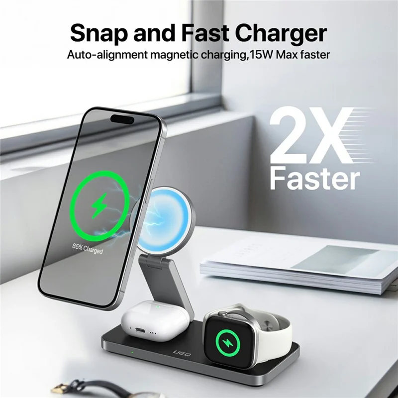 Stazione di ricarica wireless 3 in 1 compatibile con MagSafe, supporto pieghevole per caricabatterie per iPhone 15-12 / Apple Watch / AirPods - Nero / Bianco