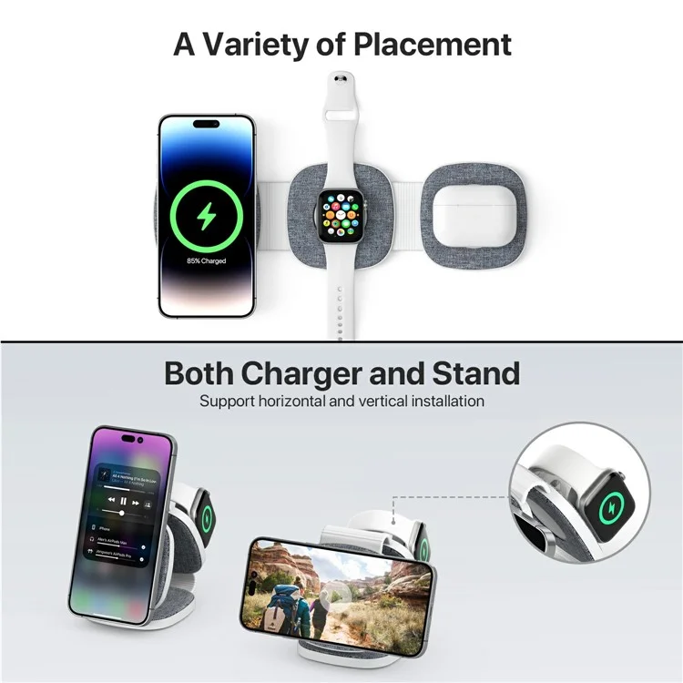 YM-T1 3 in 1 Magnetic Wireless Charger for Phone / Apple Watch / Airpods Foldable Travel Charging Pad - Dark Grey