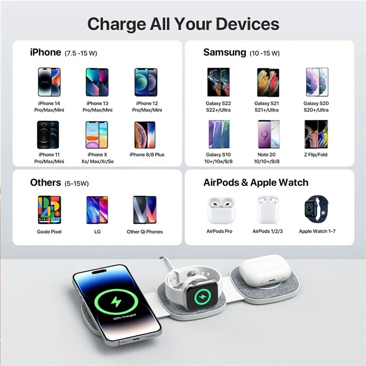 YM-T1 3 in 1 Magnetic Wireless Charger for Phone / Apple Watch / Airpods Foldable Travel Charging Pad - Dark Grey