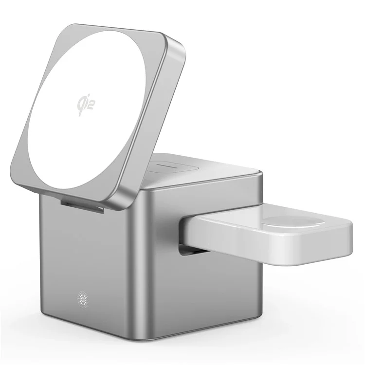Estação de Carregamento Sem Fio 3 em 1 M35 Qi2 com Suporte Magnético em Liga de Alumínio para iPhone / Apple Watch / AirPods - Prata