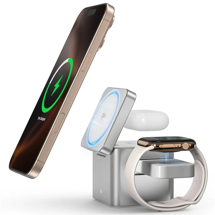 Estação de Carregamento Sem Fio 3 em 1 M35 Qi2 com Suporte Magnético em Liga de Alumínio para iPhone / Apple Watch / AirPods - Prata