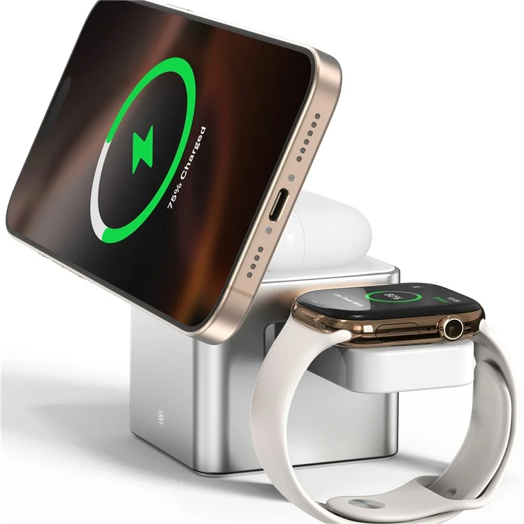 Estação de Carregamento Sem Fio 3 em 1 M35 Qi2 com Suporte Magnético em Liga de Alumínio para iPhone / Apple Watch / AirPods - Prata