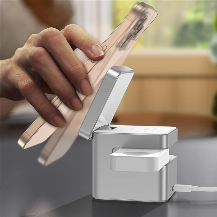 Estação de Carregamento Sem Fio 3 em 1 M35 Qi2 com Suporte Magnético em Liga de Alumínio para iPhone / Apple Watch / AirPods - Prata