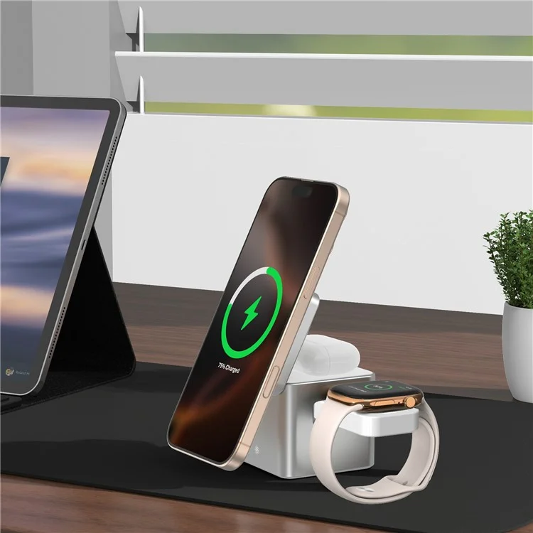 Estação de Carregamento Sem Fio 3 em 1 M35 Qi2 com Suporte Magnético em Liga de Alumínio para iPhone / Apple Watch / AirPods - Prata