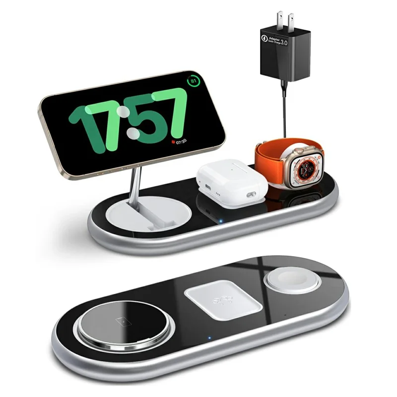 D301 Foldable Magnetic 3 in 1 Wireless Charger Phone Watch Earphone 15W Charging Stand with 18W Charger - Black / EU Plug