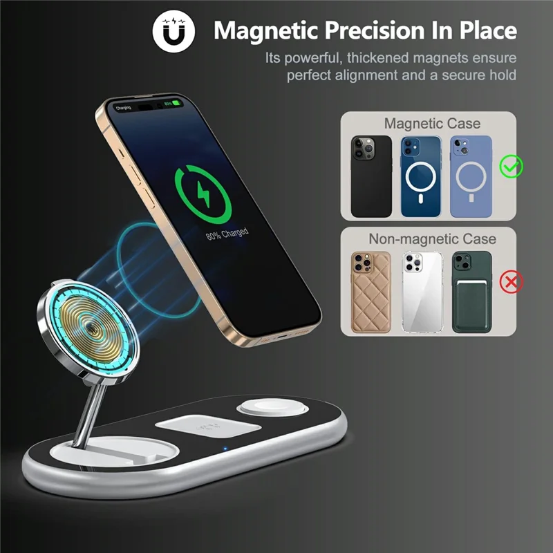 D301 Foldable Magnetic 3 in 1 Wireless Charger Phone Watch Earphone 15W Charging Stand with 18W Charger - Black / EU Plug