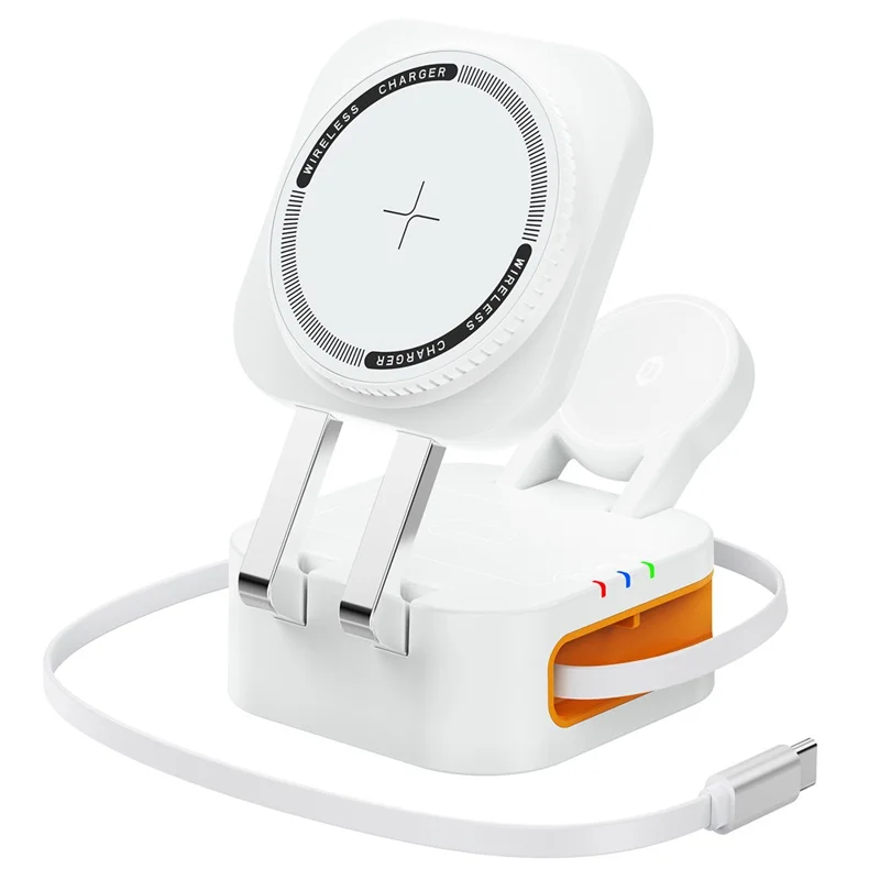CYJ-10 3 In 1 15W Wireless Charger with Retractable Type C Cable for iPhone / Apple Watch / AirPods Foldable Charging Station - White