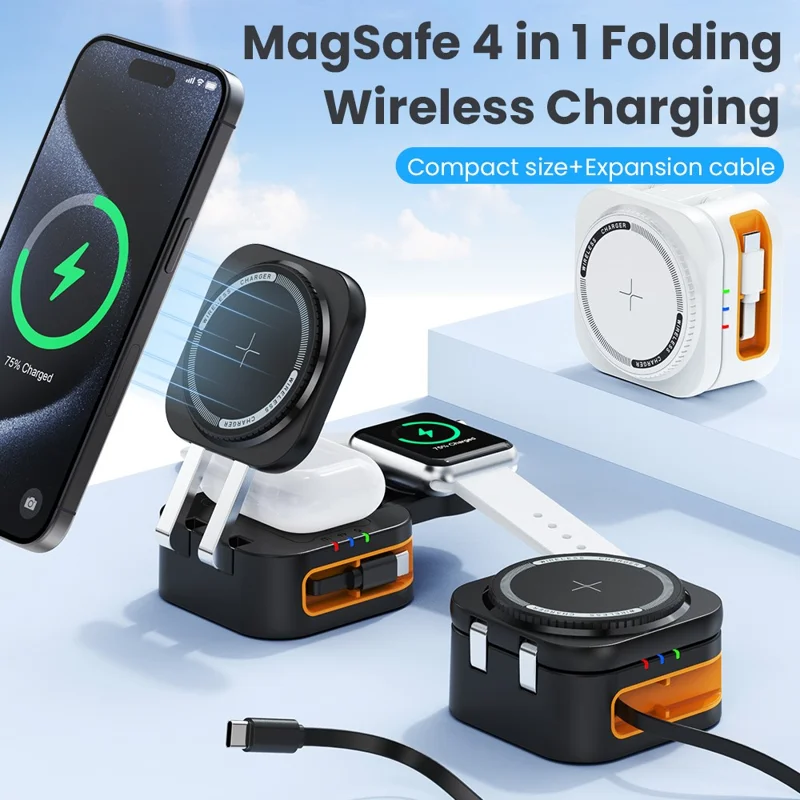 CYJ-10 3 In 1 15W Wireless Charger with Retractable Type C Cable for iPhone / Apple Watch / AirPods Foldable Charging Station - White