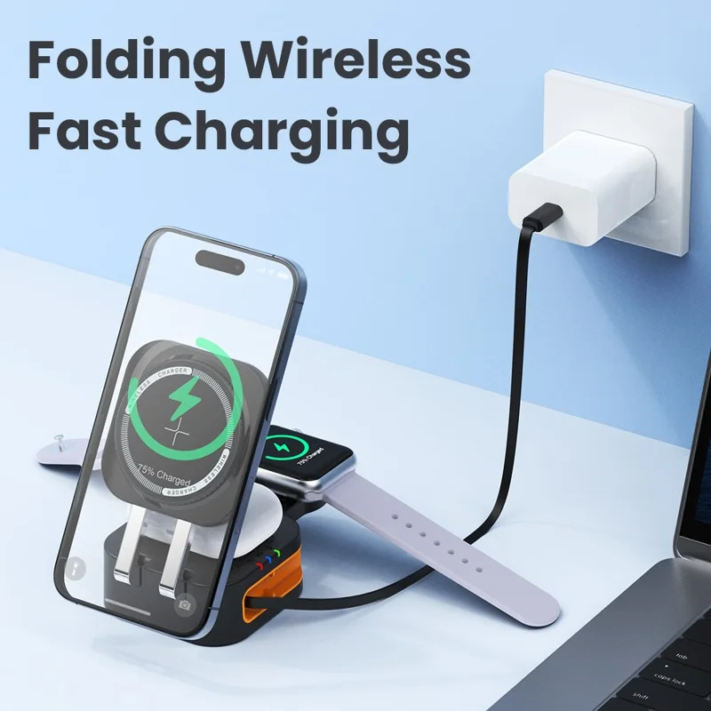 CYJ-10 3 In 1 15W Wireless Charger with Retractable Type C Cable for iPhone / Apple Watch / AirPods Foldable Charging Station - White