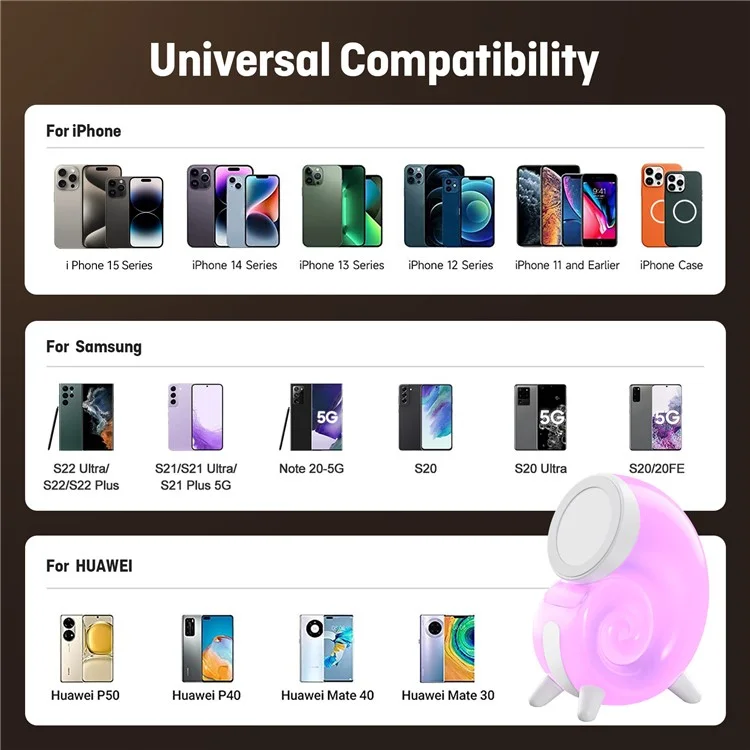 N70-C Magnetic Wireless Charging Stand Touch Control Conch Shape Multi Color Night Light