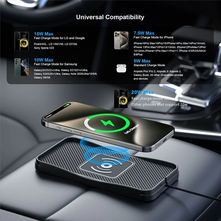 D3 20W Car Wireless Charger with 1m Cable Fast Charging Anti Slip Silicone Pad for Vehicles - USB Plug