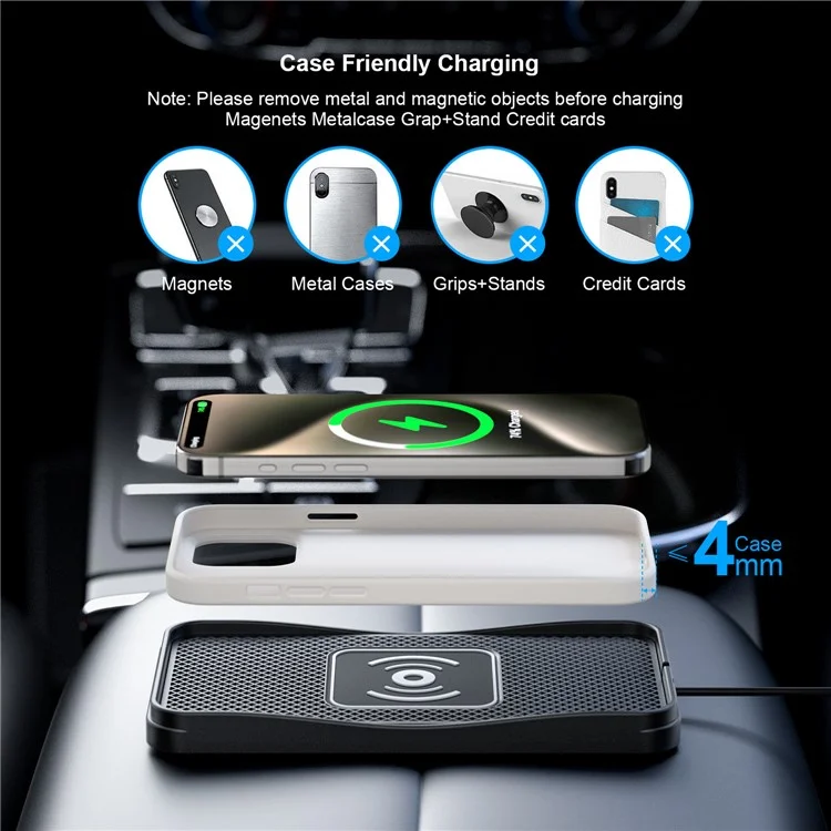 D3 20W Car Wireless Charger with 1m Cable Fast Charging Anti Slip Silicone Pad for Vehicles - USB Plug