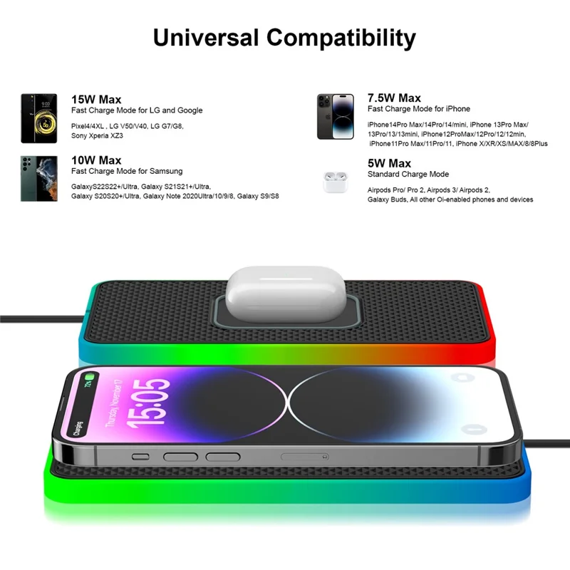 D15PRO Non Slip Desktop Silicone Charging Pad 15W Car Wireless Charger with Ambient Light - USB Plug
