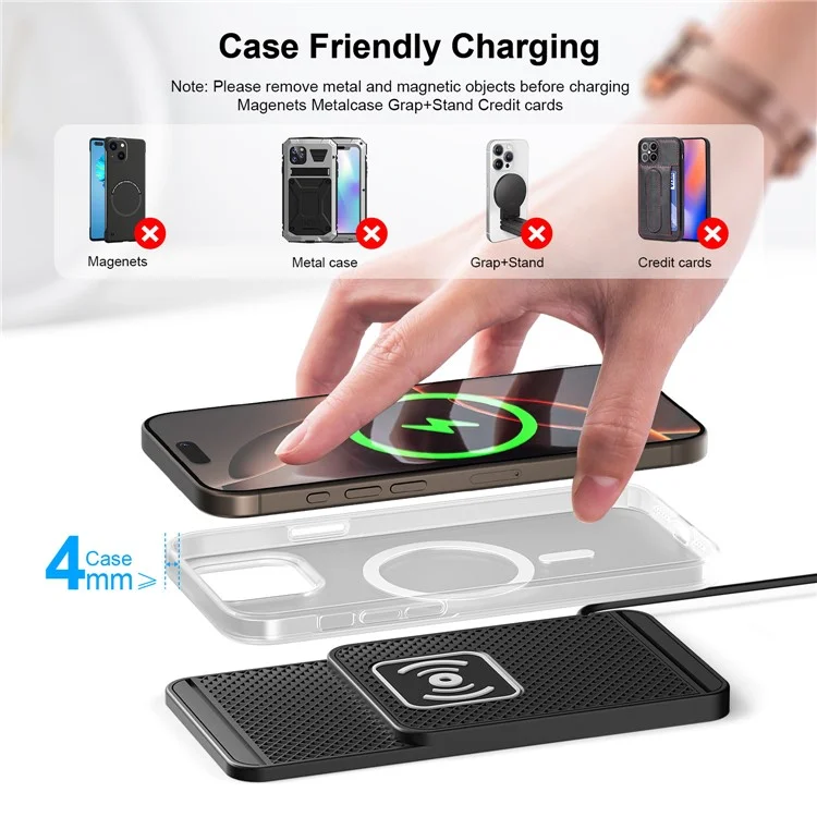 D1 Desktop Non Slip Silicone Charging Pad Shockproof 15W Car Wireless Charger with 1m Cable - USB Plug