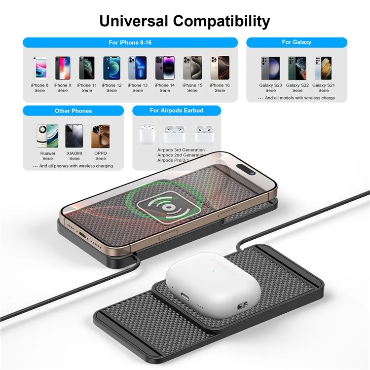 D1 Desktop Non Slip Silicone Charging Pad Shockproof 15W Car Wireless Charger with 1m Cable - USB Plug