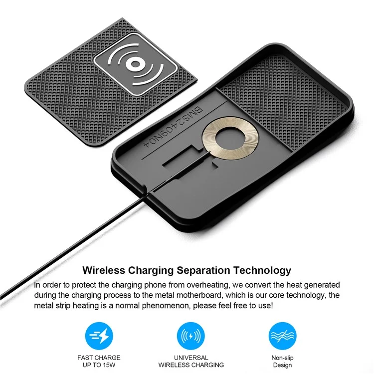 D13 Caricatore wireless antiscivolo da 15W per desktop, per auto e casa - Con cavo da 1m e spina USB