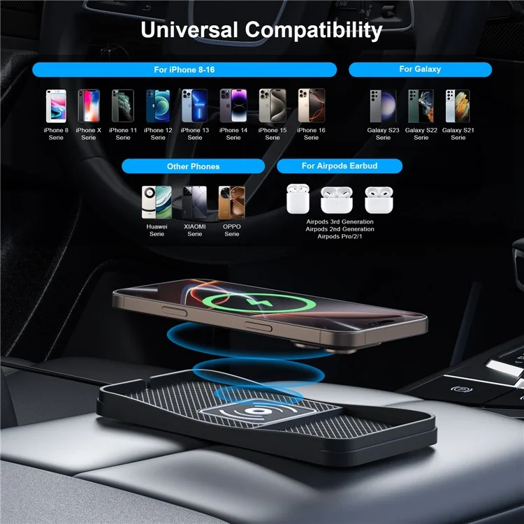 D13 Caricatore wireless antiscivolo da 15W per desktop, per auto e casa - Con cavo da 1m e spina USB