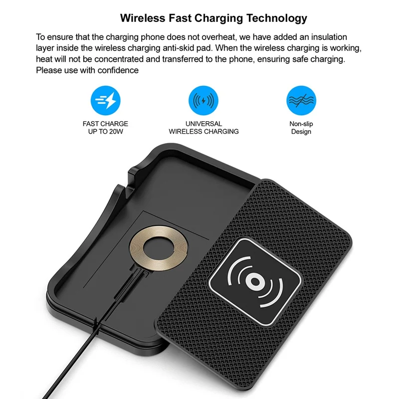 D7 Car Wireless Charger 15W Non Slip Desktop Charging Pad with 1m Cable for Automotive / Home - USB Plug