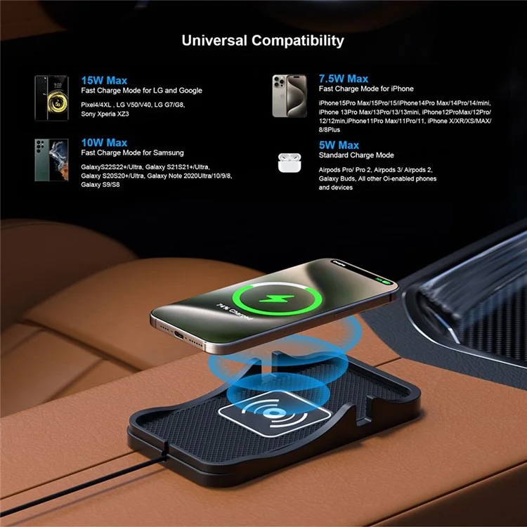 D7 Car Wireless Charger 15W Non Slip Desktop Charging Pad with 1m Cable for Automotive / Home - USB Plug