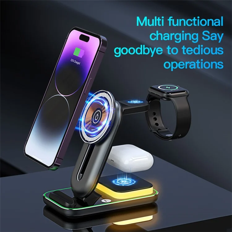 A8 Portable Phone Watch Earphone Wireless Charger 15W Magnetic Aluminum Alloy Fast Charging Stand - Black