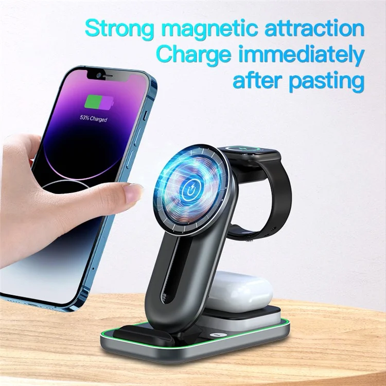 A8 Portable Phone Watch Earphone Wireless Charger 15W Magnetic Aluminum Alloy Fast Charging Stand - Black