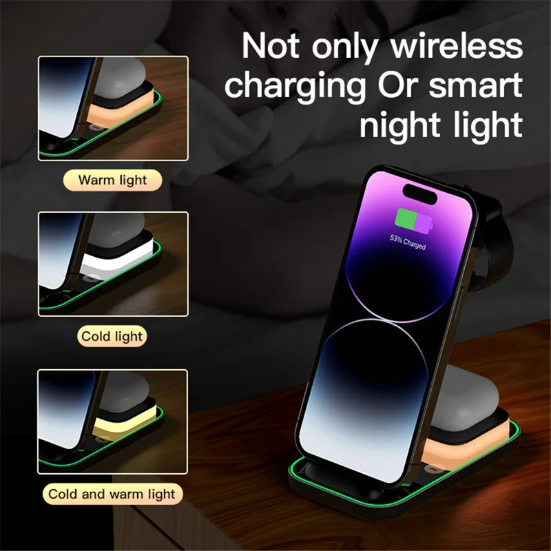 YF-A6 3-in-1 15W Dual-Coil Wireless-Ladegerät mit Nachtlicht für iPhone / Apple Watch / AirPods Ladestation - Weiß