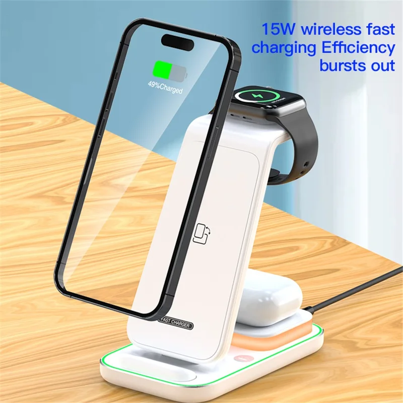 YF-A6 3-in-1 15W Dual-Coil Wireless-Ladegerät mit Nachtlicht für iPhone / Apple Watch / AirPods Ladestation - Weiß